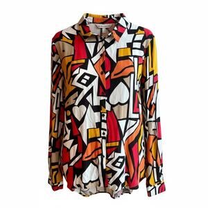 BigDart Abstract Geometric Print Button-Up Blouse – Multicolor Long Sleeve Shirt